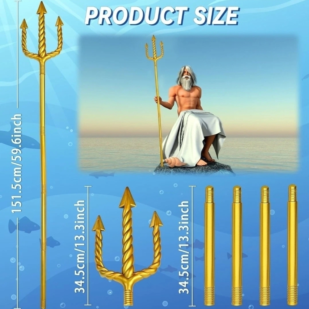 60in Gold Plastic Trident Spear Toy, King Neptune Costume Accessory for Cosplay - Picture 2 of 4
